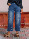 Distressed Raw Hem Cropped Wide Leg Jeans - Blue