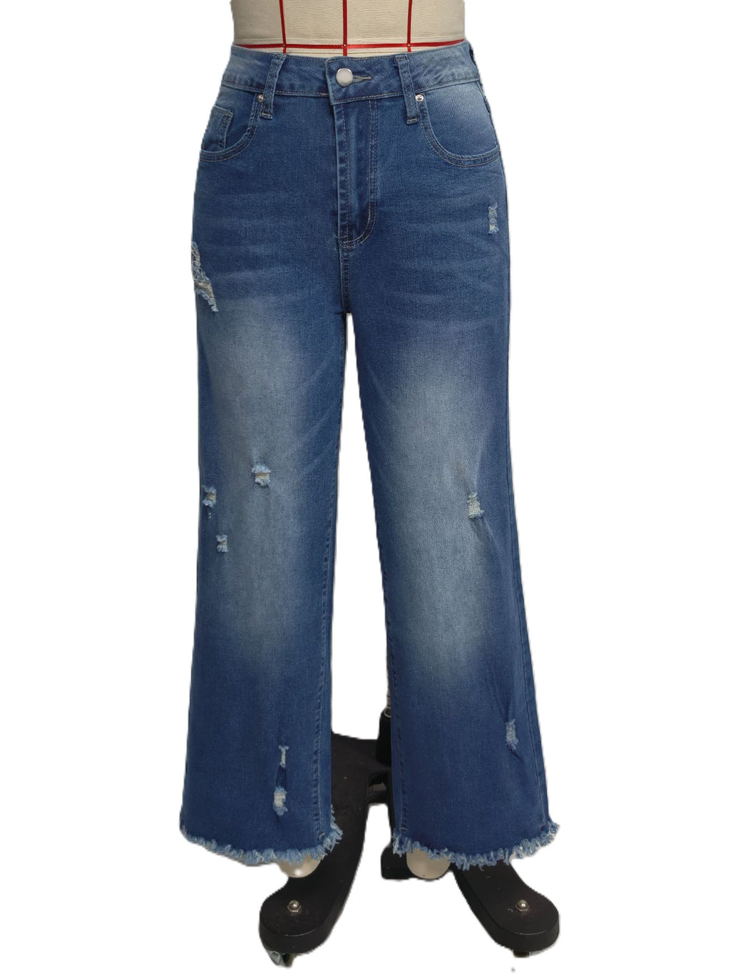 Distressed Raw Hem Cropped Wide Leg Jeans - Blue - 1