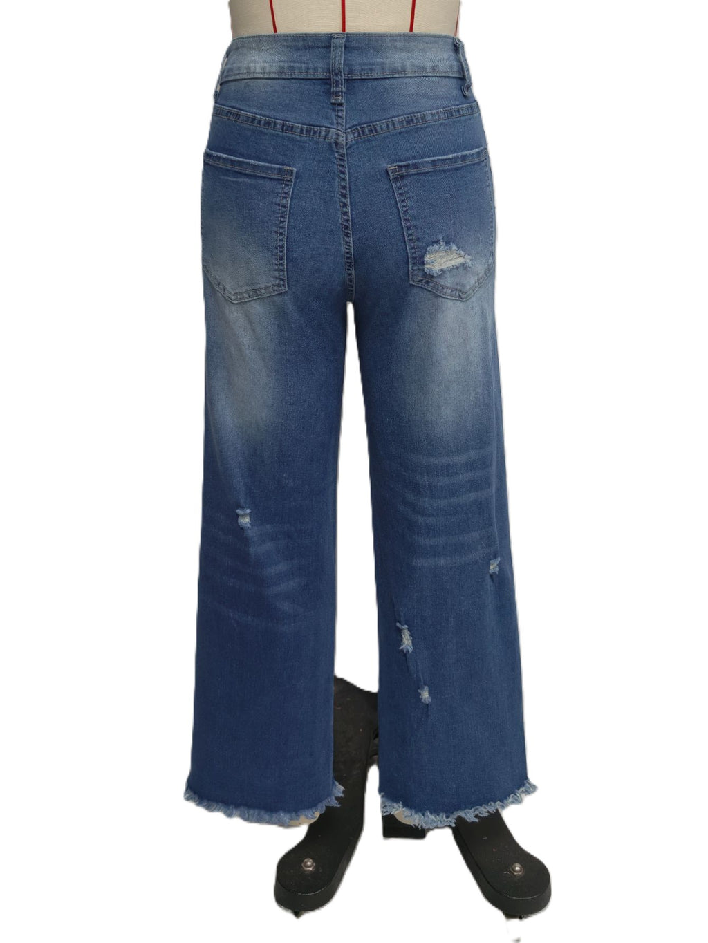 Distressed Raw Hem Cropped Wide Leg Jeans - Blue - 2