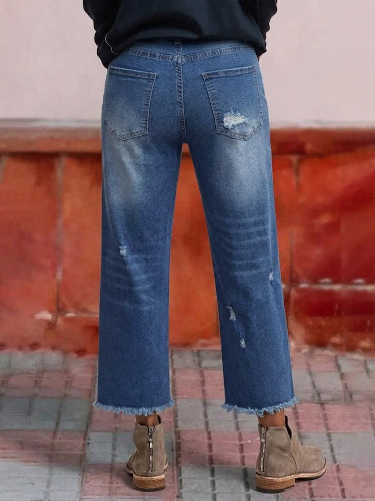 Distressed Raw Hem Cropped Wide Leg Jeans - Blue - 3