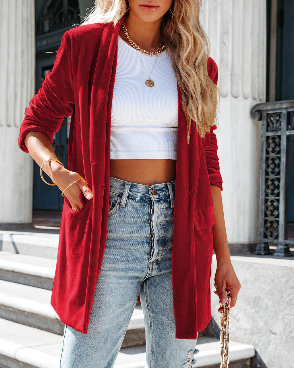 Draped Lapel Velvet Open Front Jacket - Burgundy