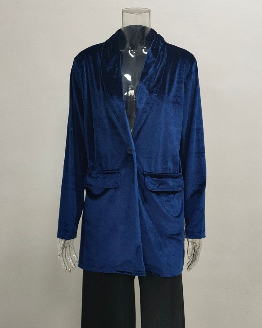 Draped Lapel Velvet Open Front Jacket - NavyBlue
