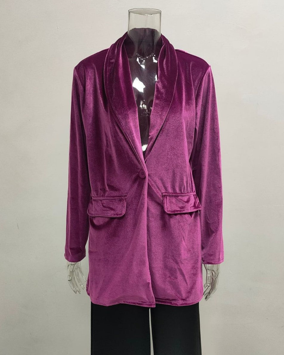 Draped Lapel Velvet Open Front Jacket - RoseRed