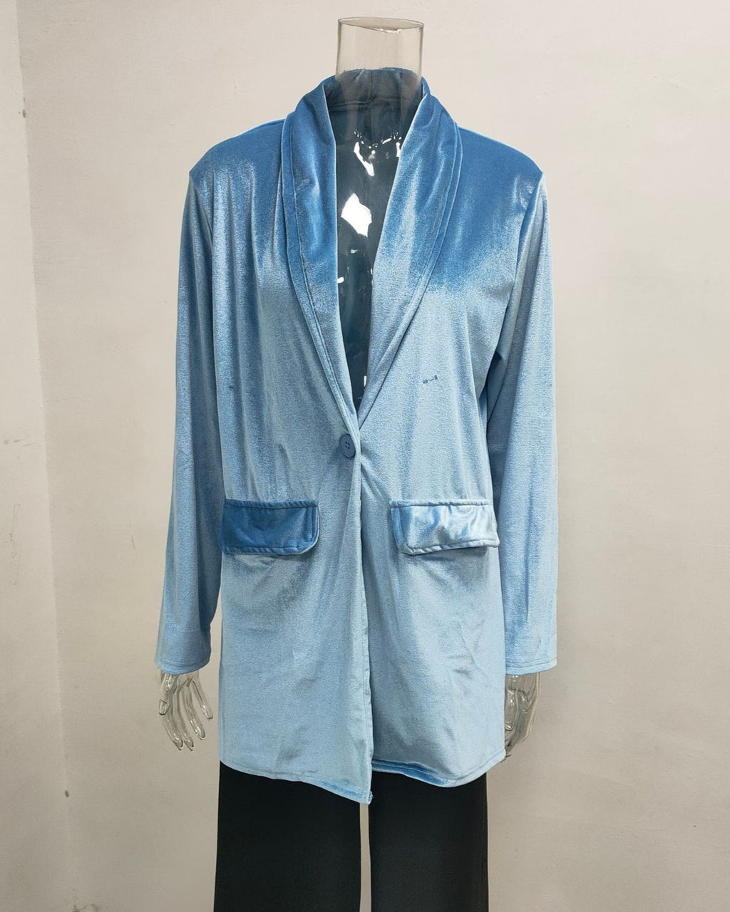 Draped Lapel Velvet Open Front Jacket - SkyBlue