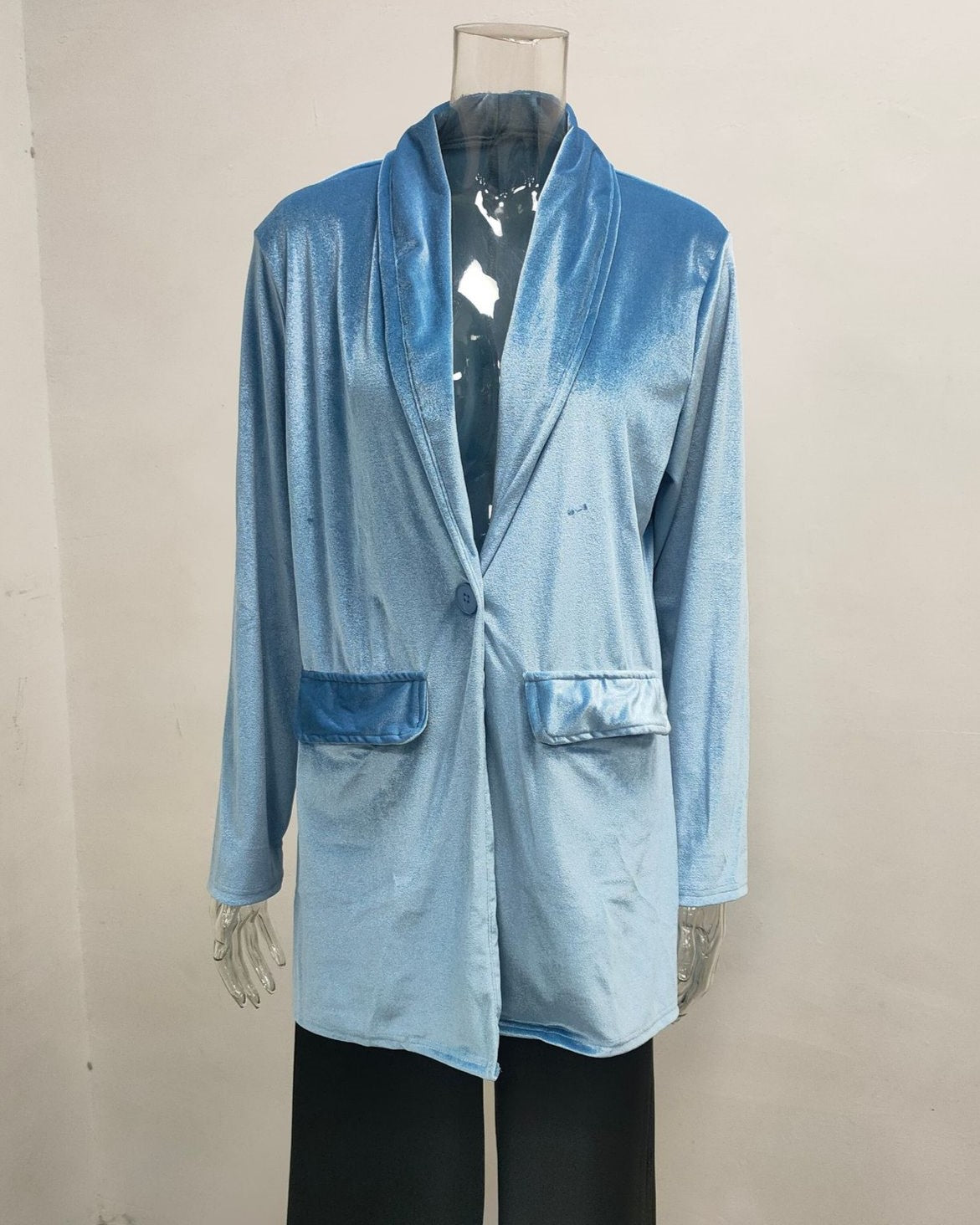 Draped Lapel Velvet Open Front Jacket - SkyBlue