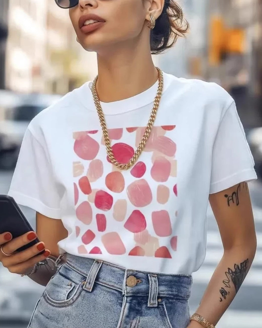 Watercolor Dot Print Cotton Crew Tee - White