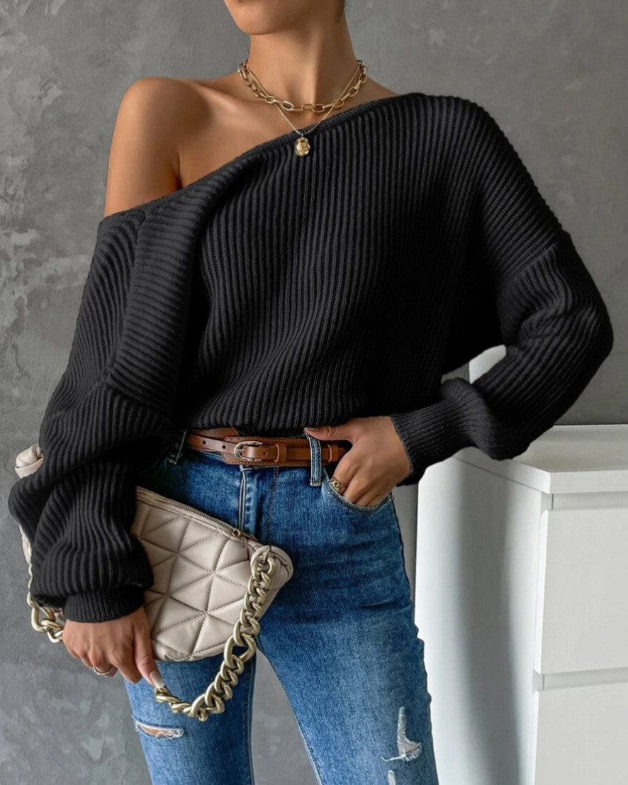 Open Twist Back Ribbed Batwing Sweater - Black