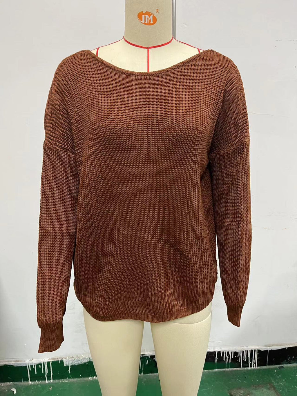 Open Twist Back Ribbed Batwing Sweater - Brown