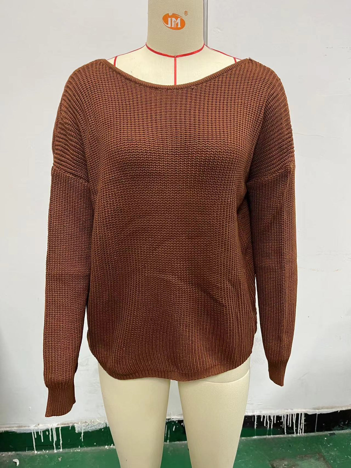 Open Twist Back Ribbed Batwing Sweater - Brown
