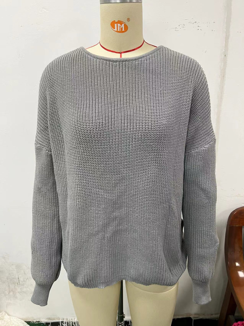 Open Twist Back Ribbed Batwing Sweater - Grey