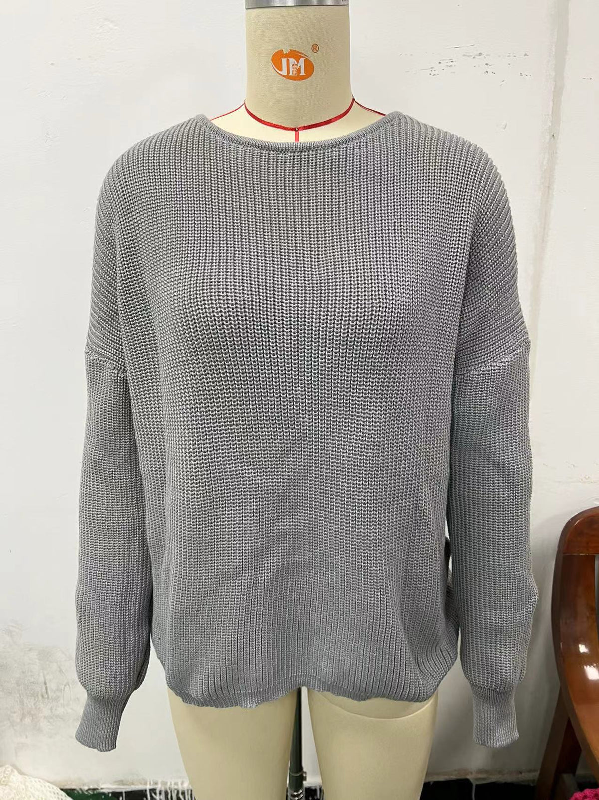 Open Twist Back Ribbed Batwing Sweater - Grey