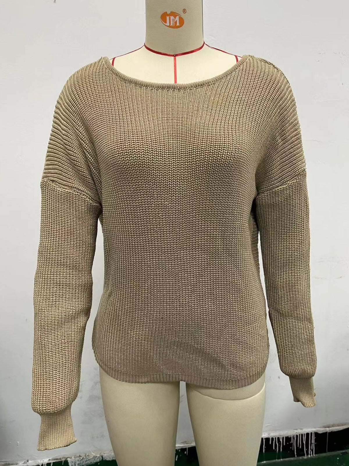 Open Twist Back Ribbed Batwing Sweater - Khaki