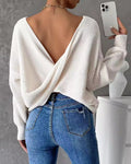 Open Twist Back Ribbed Batwing Sweater - White