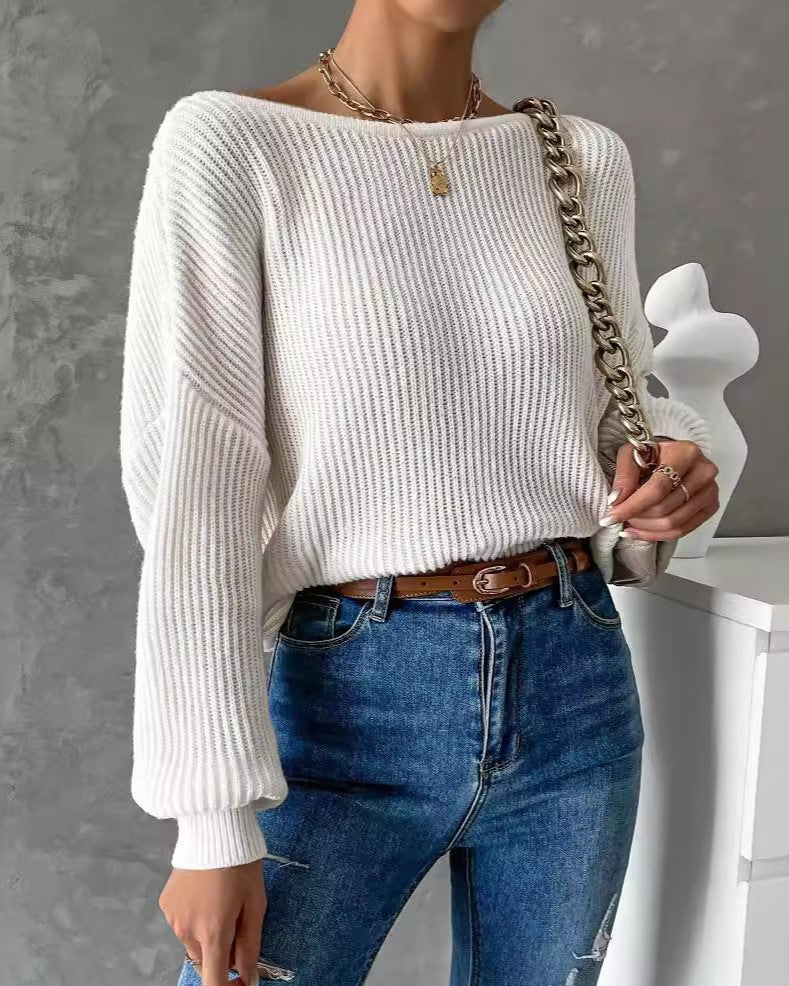 Open Twist Back Ribbed Batwing Sweater - White - 2