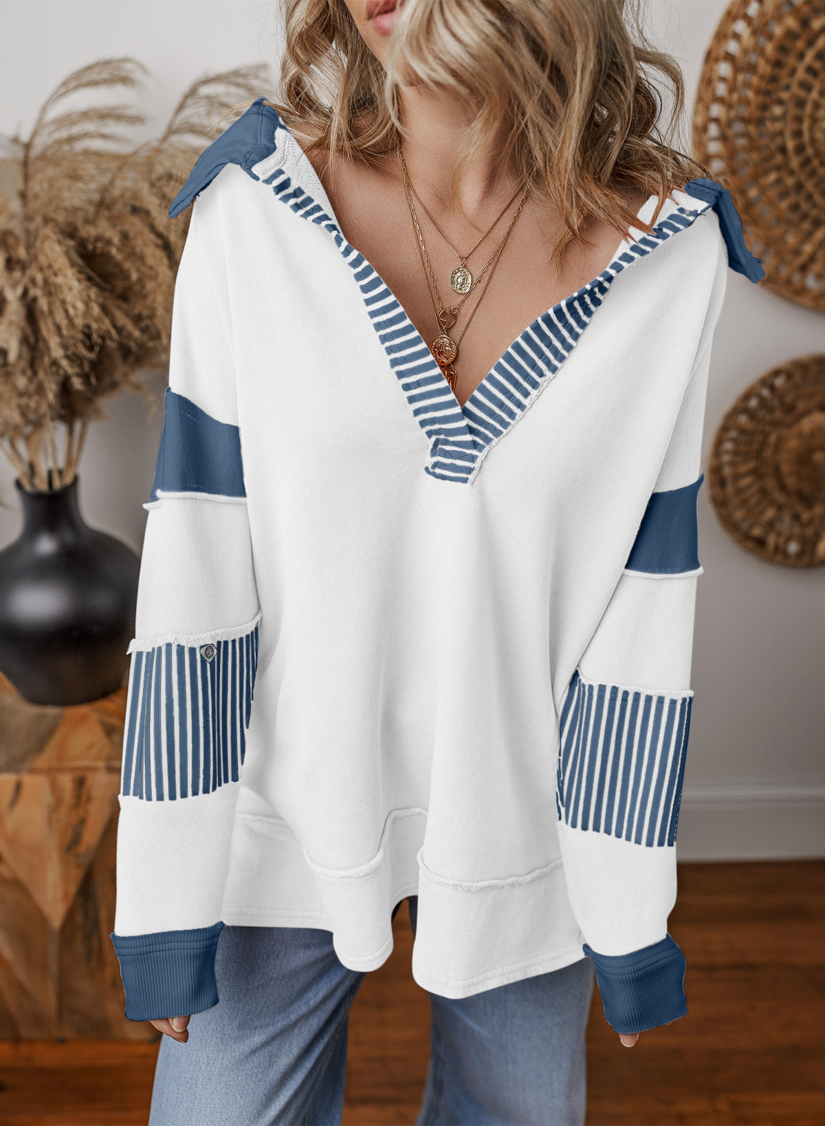 Striped Sleeve Colorblock Collared Sweatshirt - Blue