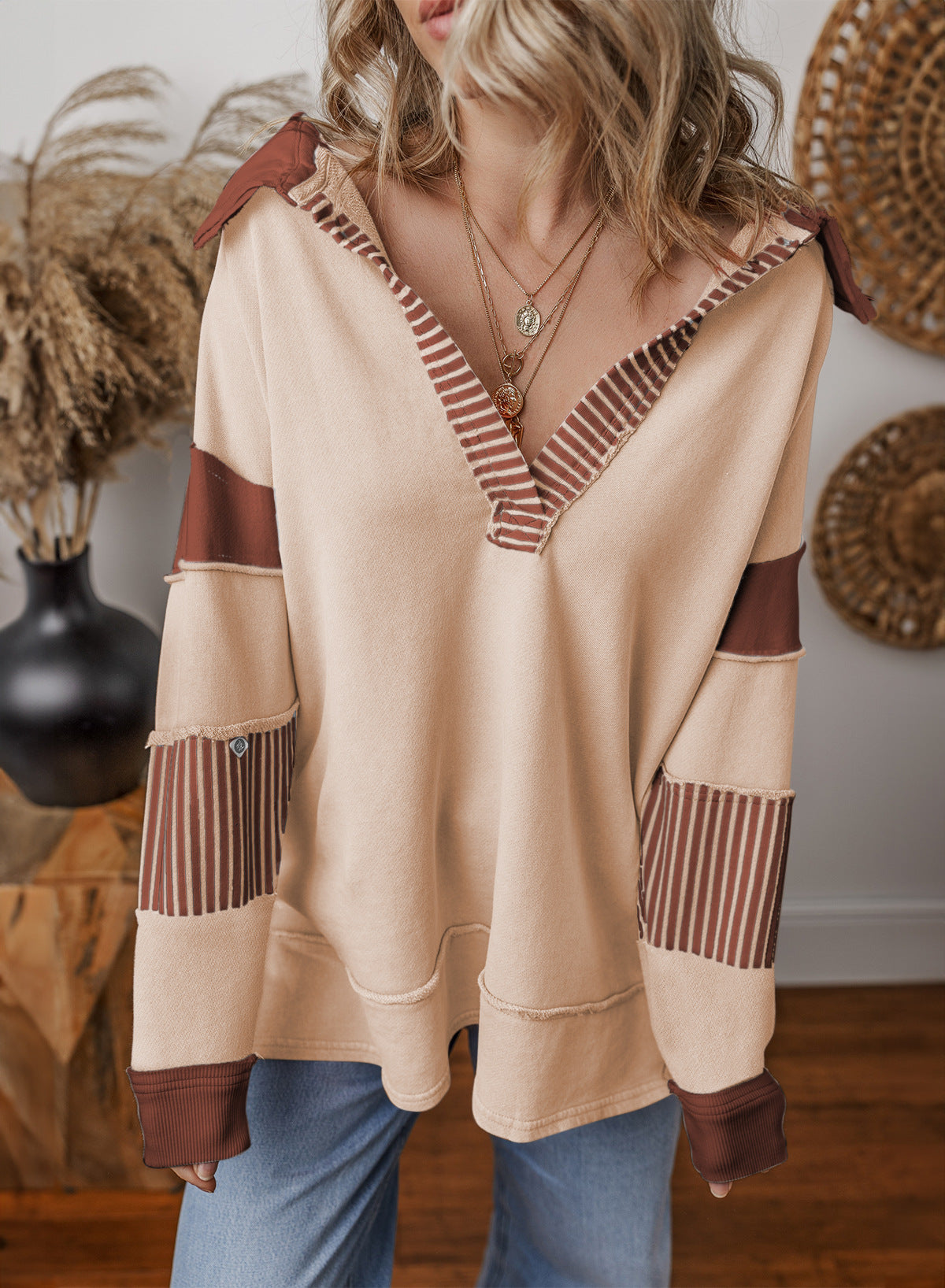 Striped Sleeve Colorblock Collared Sweatshirt - Khaki