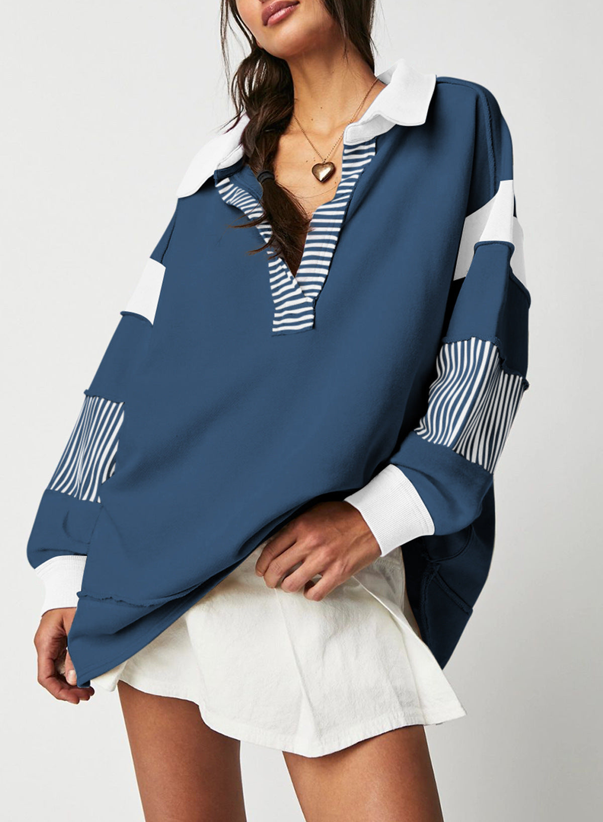Striped Sleeve Colorblock Collared Sweatshirt - Navyblue