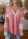 Striped Sleeve Colorblock Collared Sweatshirt - Pink