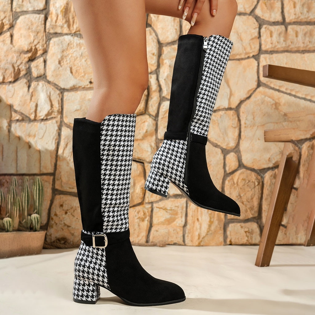Houndstooth Suede Buckle Knee High Boots