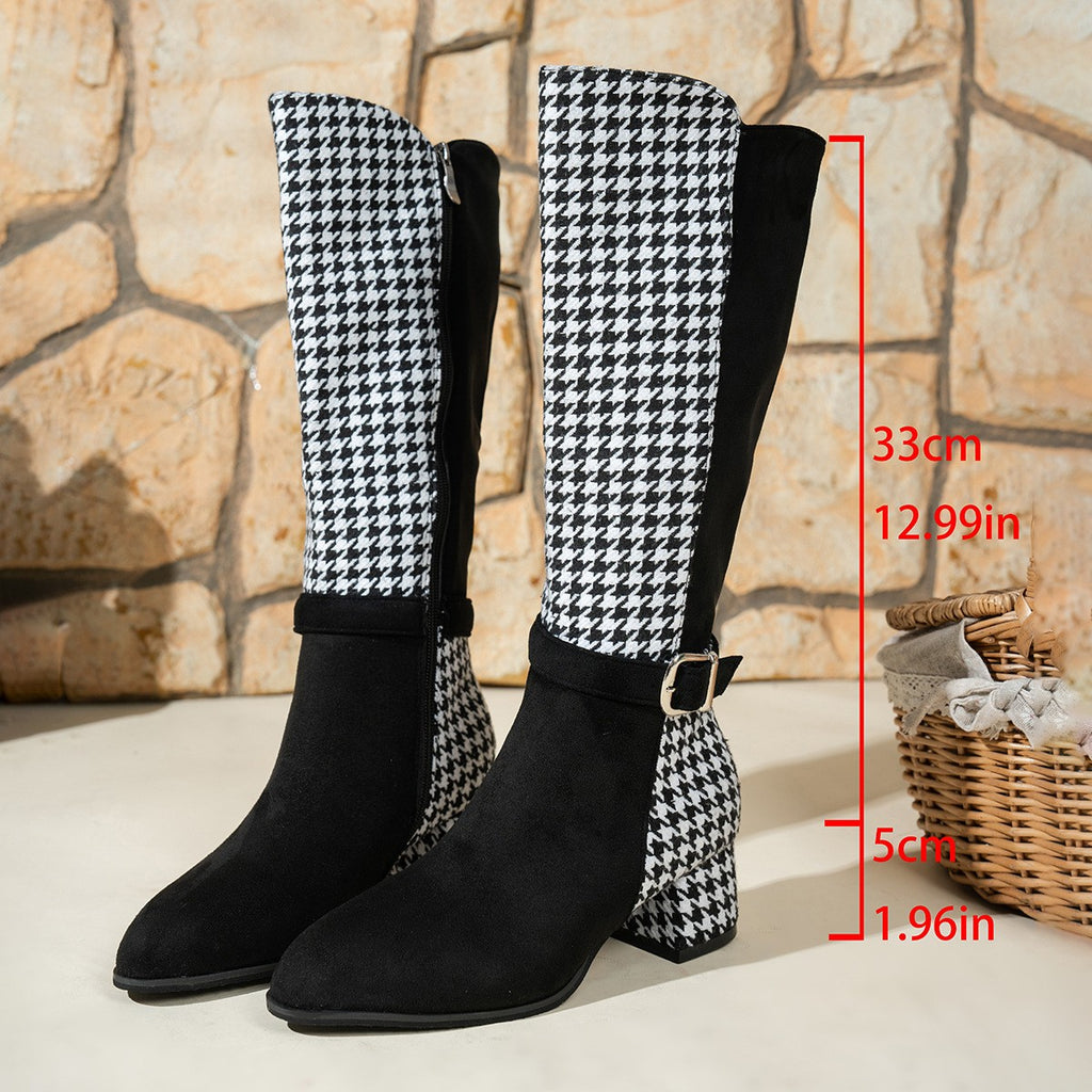 Houndstooth Suede Buckle Knee High Boots