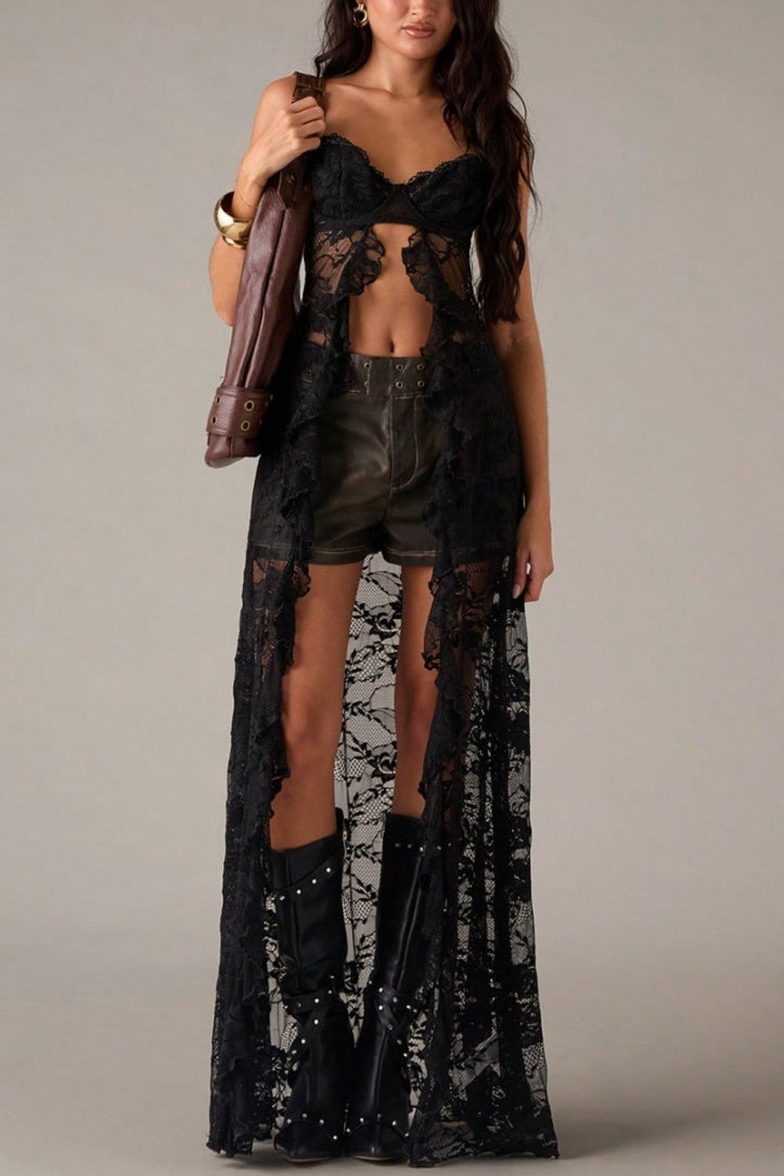 Boho Open-Back Lace Corset Maxi Cami - Black