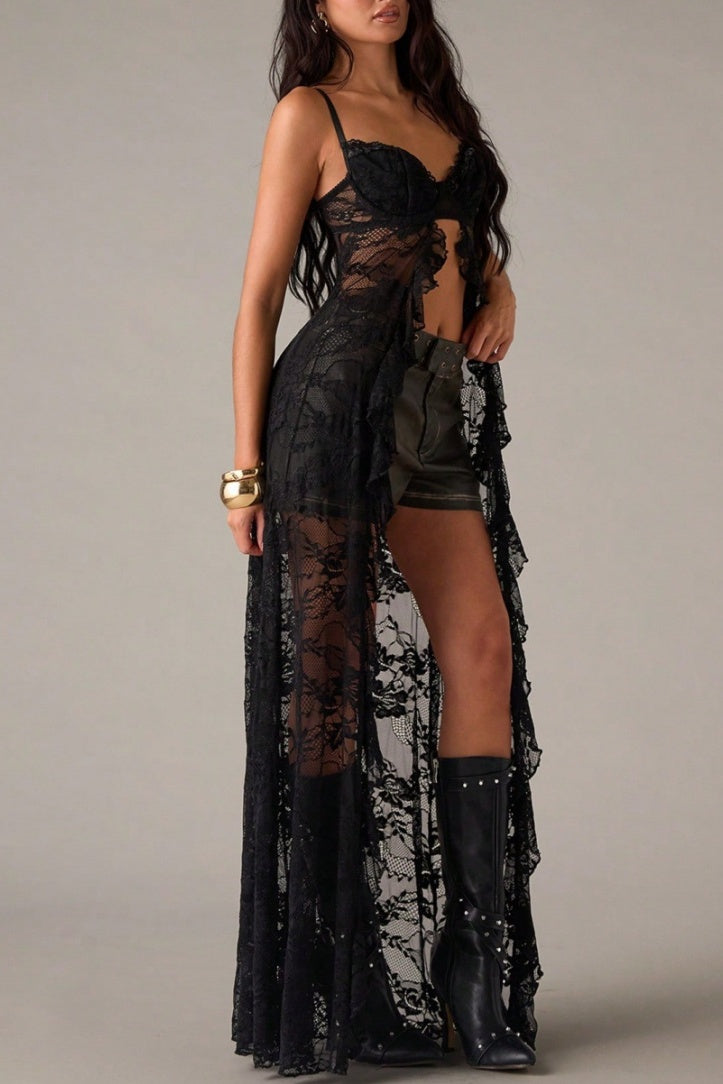 Boho Open-Back Lace Corset Maxi Cami - Black - 2