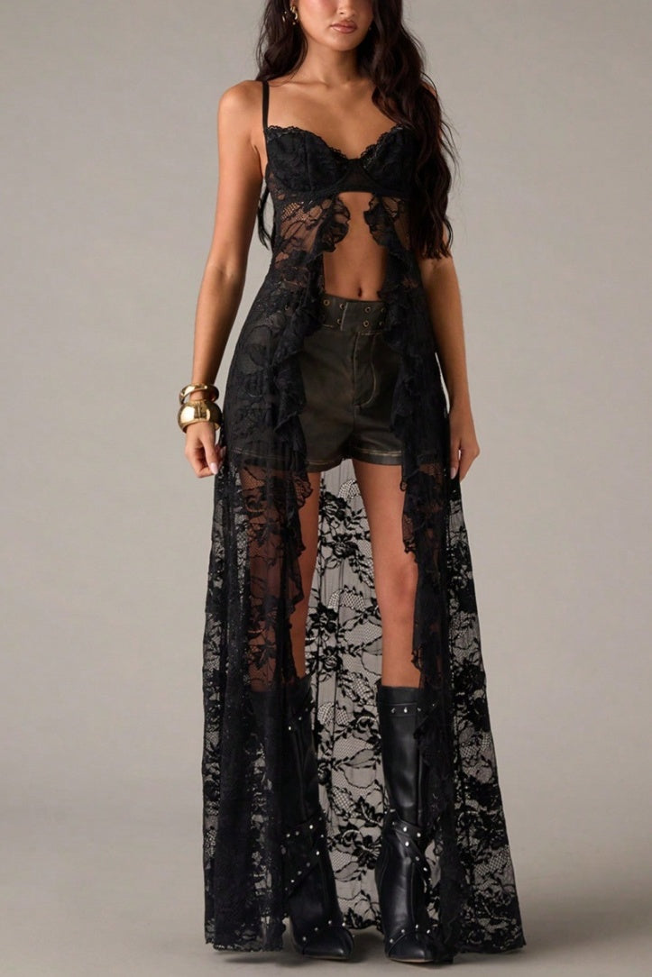 Boho Open-Back Lace Corset Maxi Cami - Black - 3