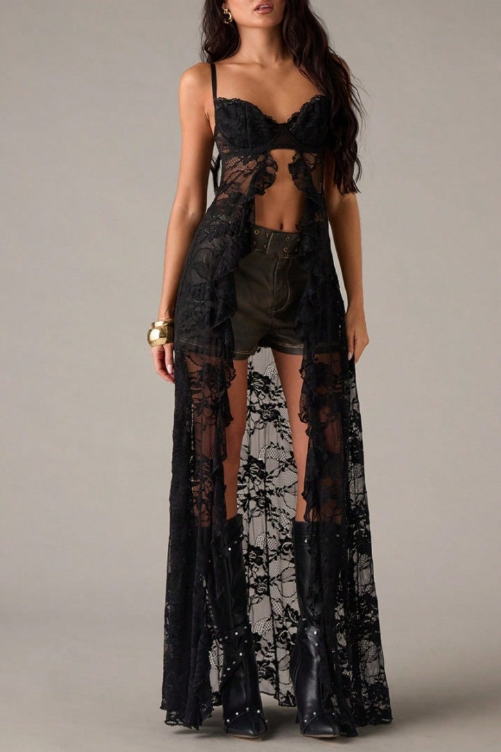 Boho Open-Back Lace Corset Maxi Cami - Black - 4