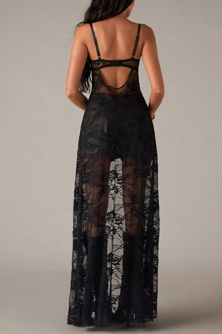 Boho Open-Back Lace Corset Maxi Cami - Black - 6