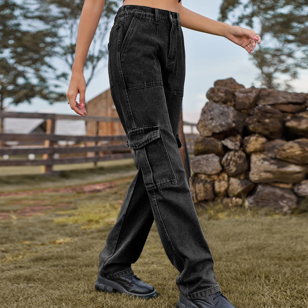 Straight Leg Cargo Jeans With Flap Pockets - Black - 3