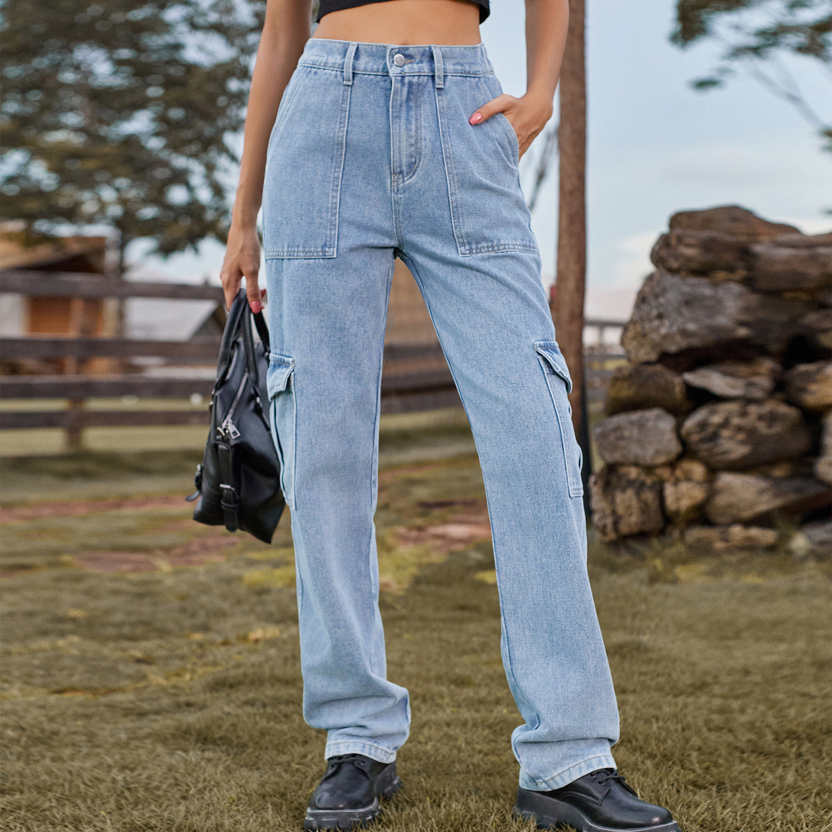 Straight Leg Cargo Jeans With Flap Pockets - Light_blue