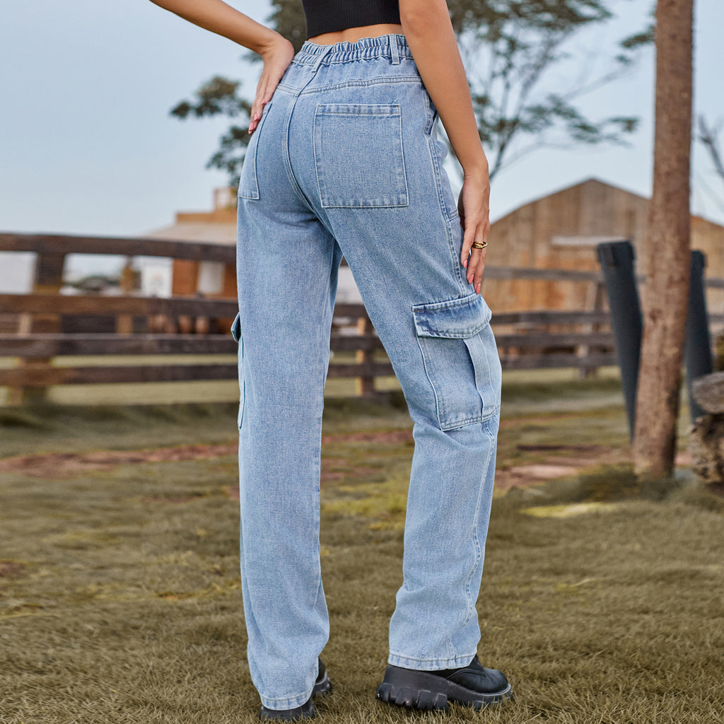 Straight Leg Cargo Jeans With Flap Pockets - Light_blue - 1