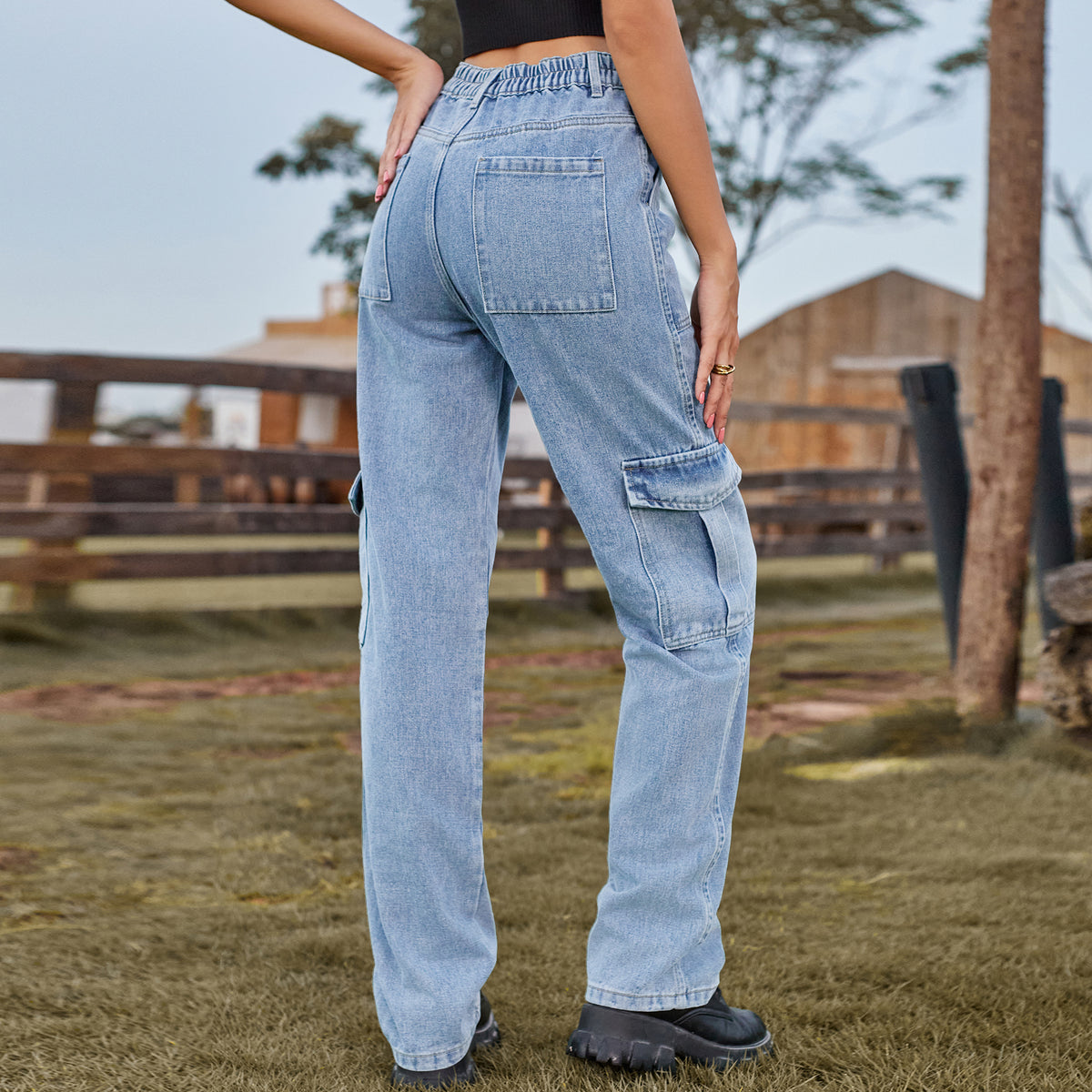 Straight Leg Cargo Jeans With Flap Pockets - Light_blue - 1
