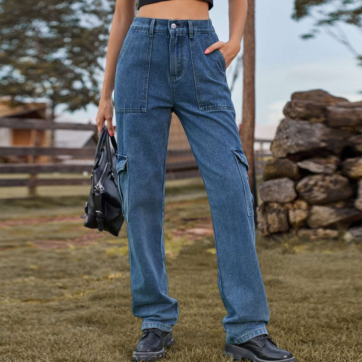 Straight Leg Cargo Jeans With Flap Pockets