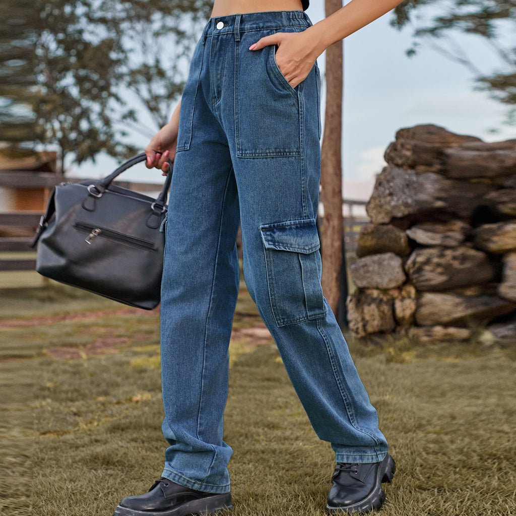 Straight Leg Cargo Jeans With Flap Pockets - indigo - 1