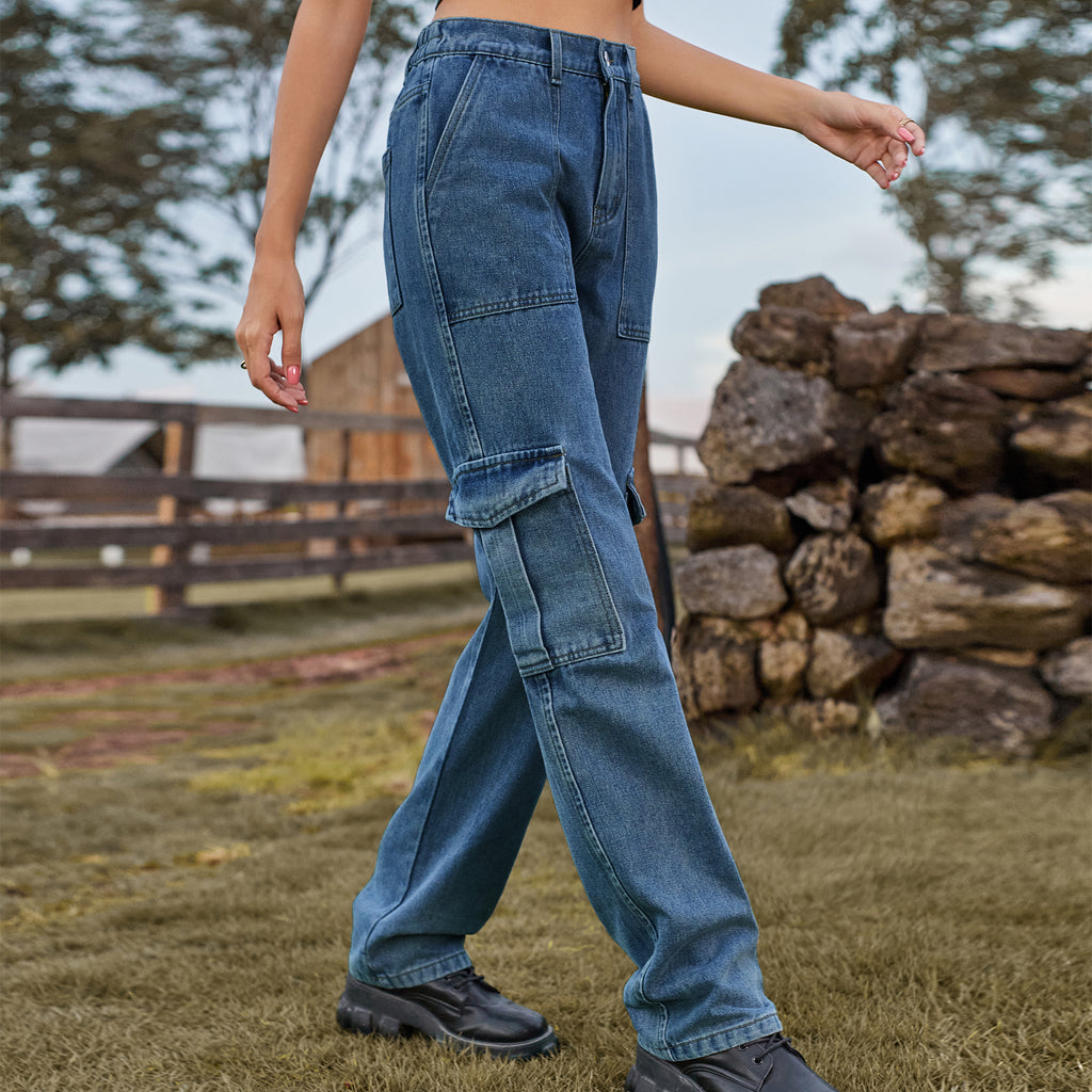 Straight Leg Cargo Jeans With Flap Pockets - indigo - 2