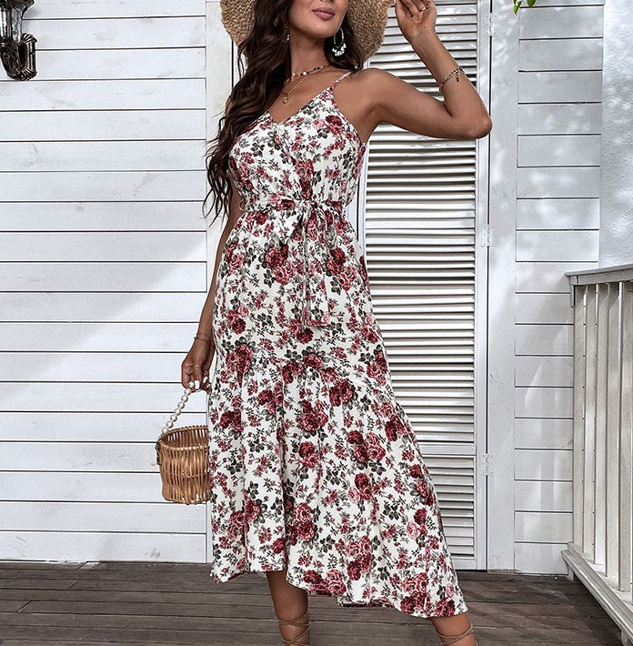 Rose Print Smocked Waist Cami Midi Dress - White - 1