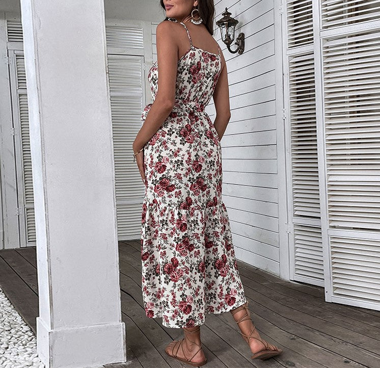 Rose Print Smocked Waist Cami Midi Dress - White - 3