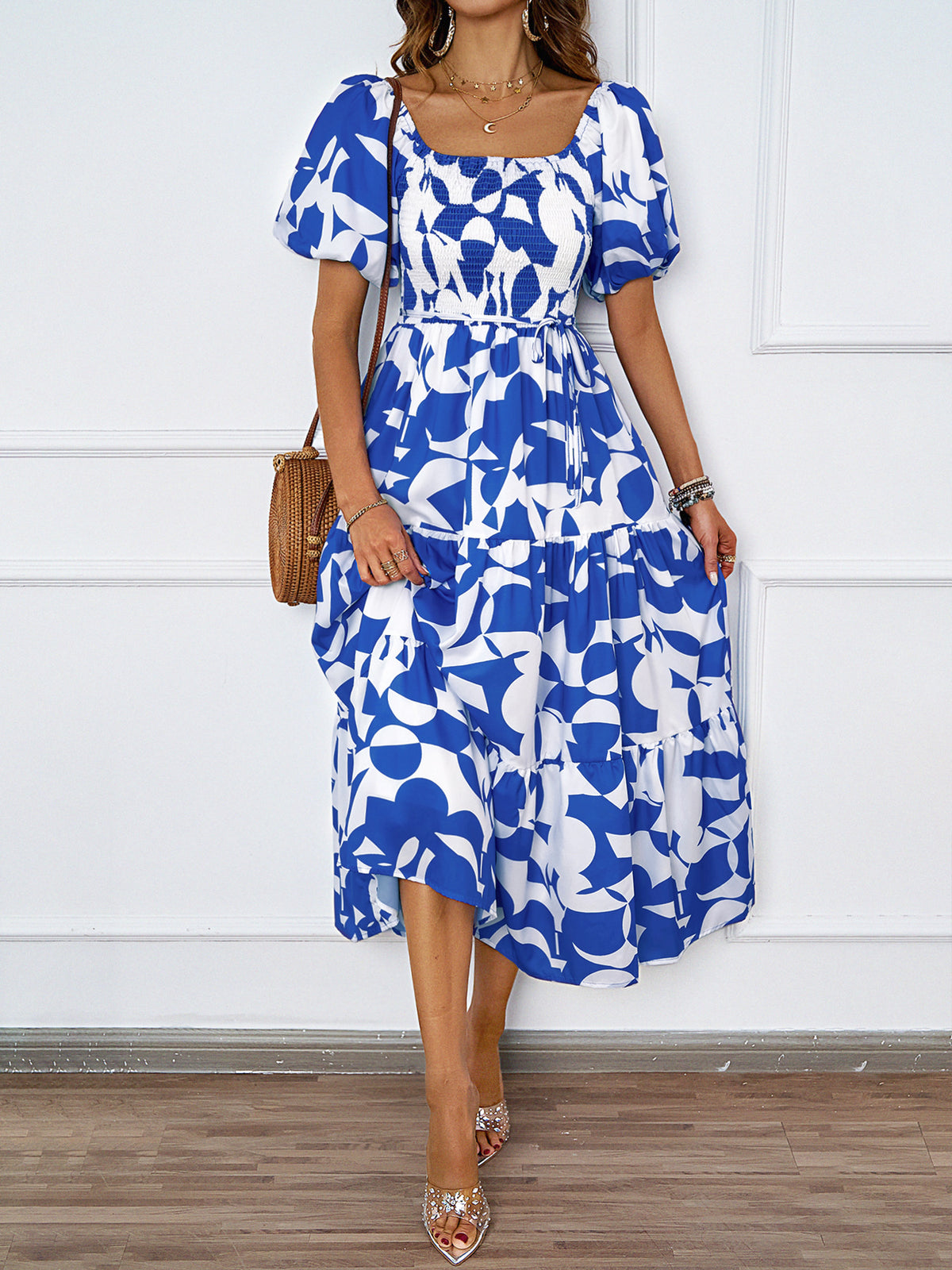 Bold Floral Off Shoulder Tiered Midi Dress - Blue - 2