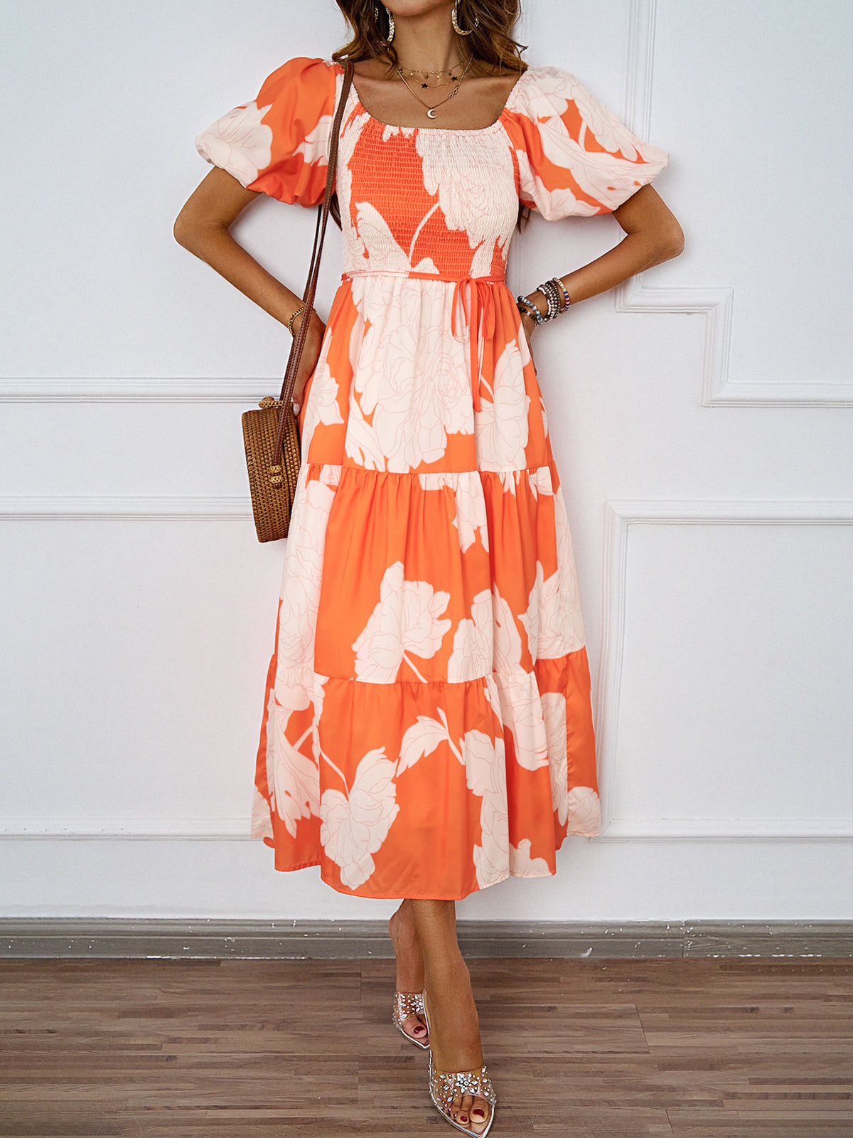 Bold Floral Off Shoulder Tiered Midi Dress - Orange