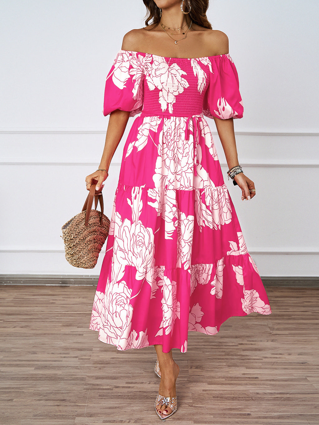 Bold Floral Off Shoulder Tiered Midi Dress