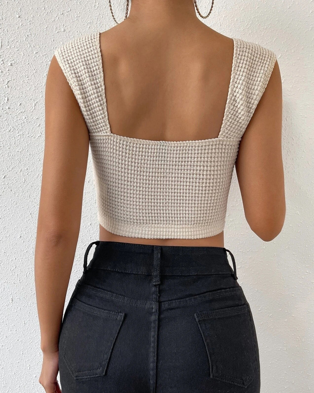 Waffle Knit Square Neck Crop Tank - Apricot - 3