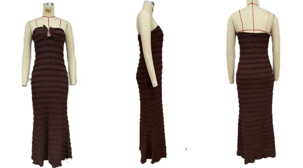 Strapless Ruffle Textured Bodycon Maxi Dress - Coffee