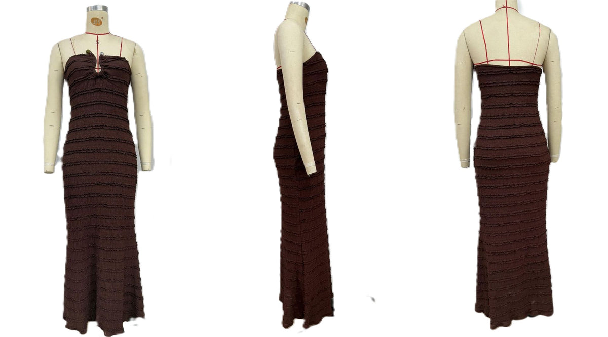 Strapless Ruffle Textured Bodycon Maxi Dress - Coffee