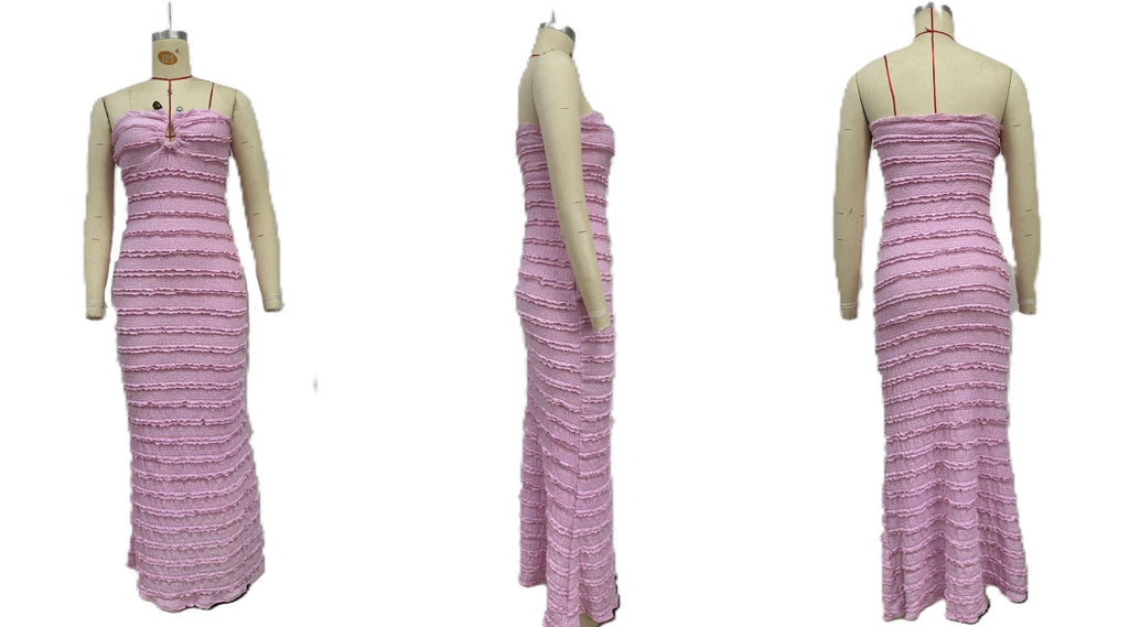 Strapless Ruffle Textured Bodycon Maxi Dress - Pink