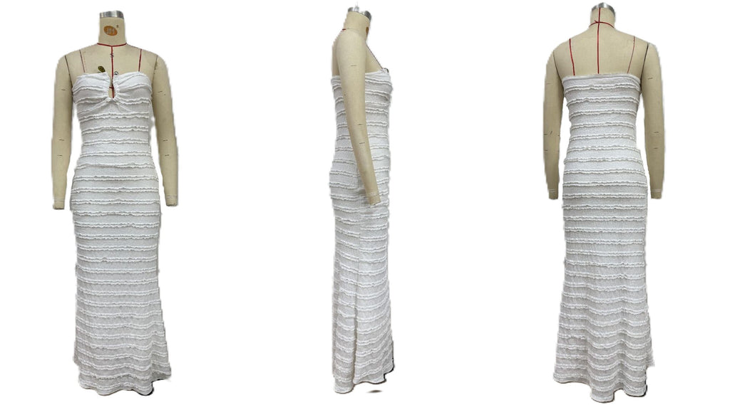 Strapless Ruffle Textured Bodycon Maxi Dress - White