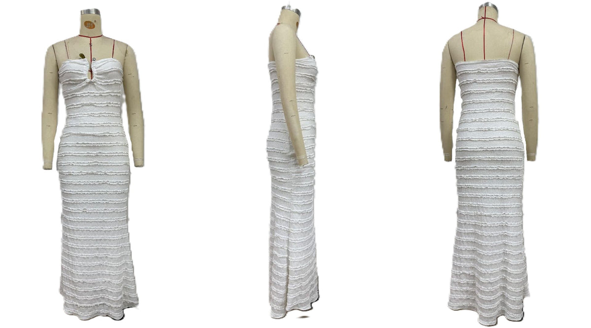 Strapless Ruffle Textured Bodycon Maxi Dress - White