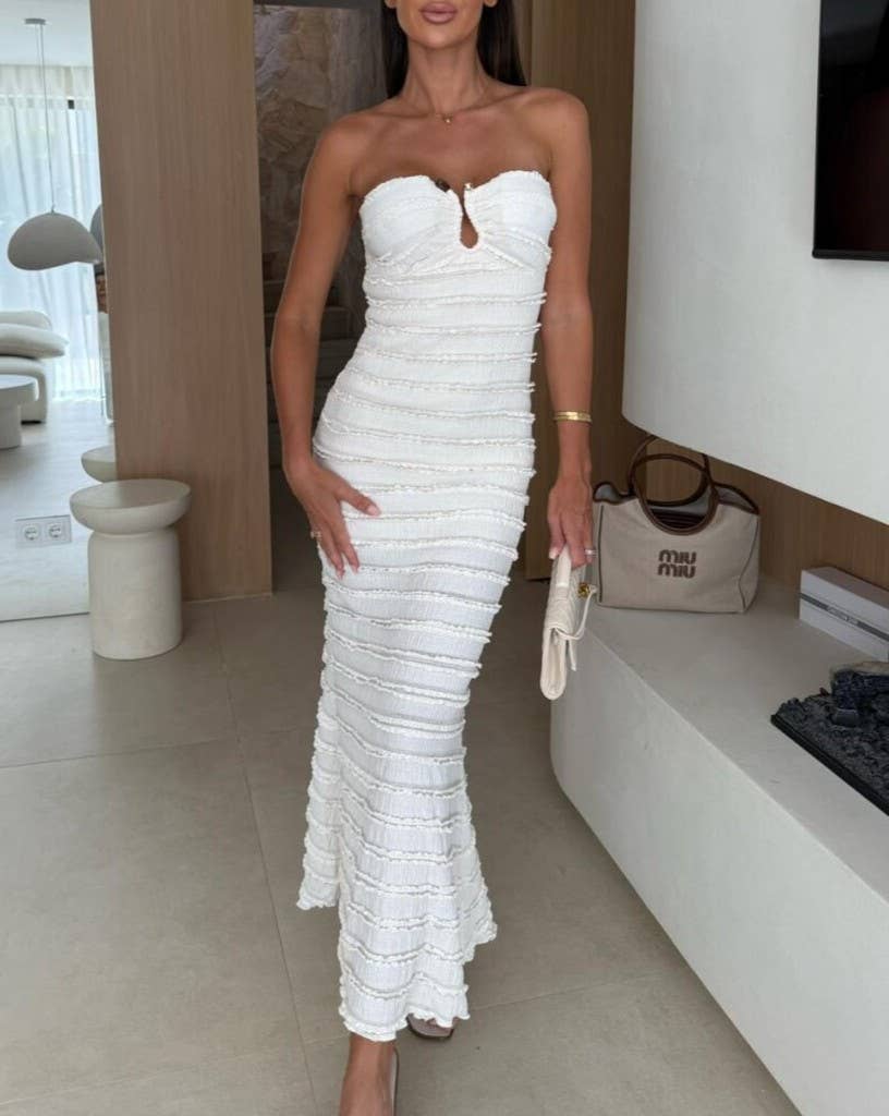 Strapless Ruffle Textured Bodycon Maxi Dress