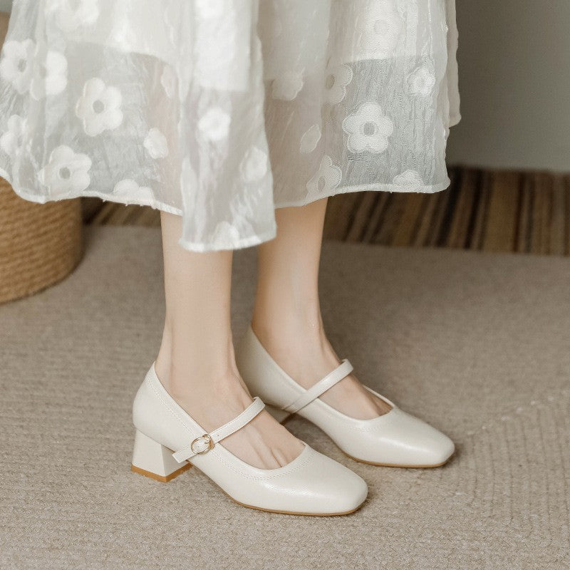 Square Toe Leather Mary Jane Block Heels