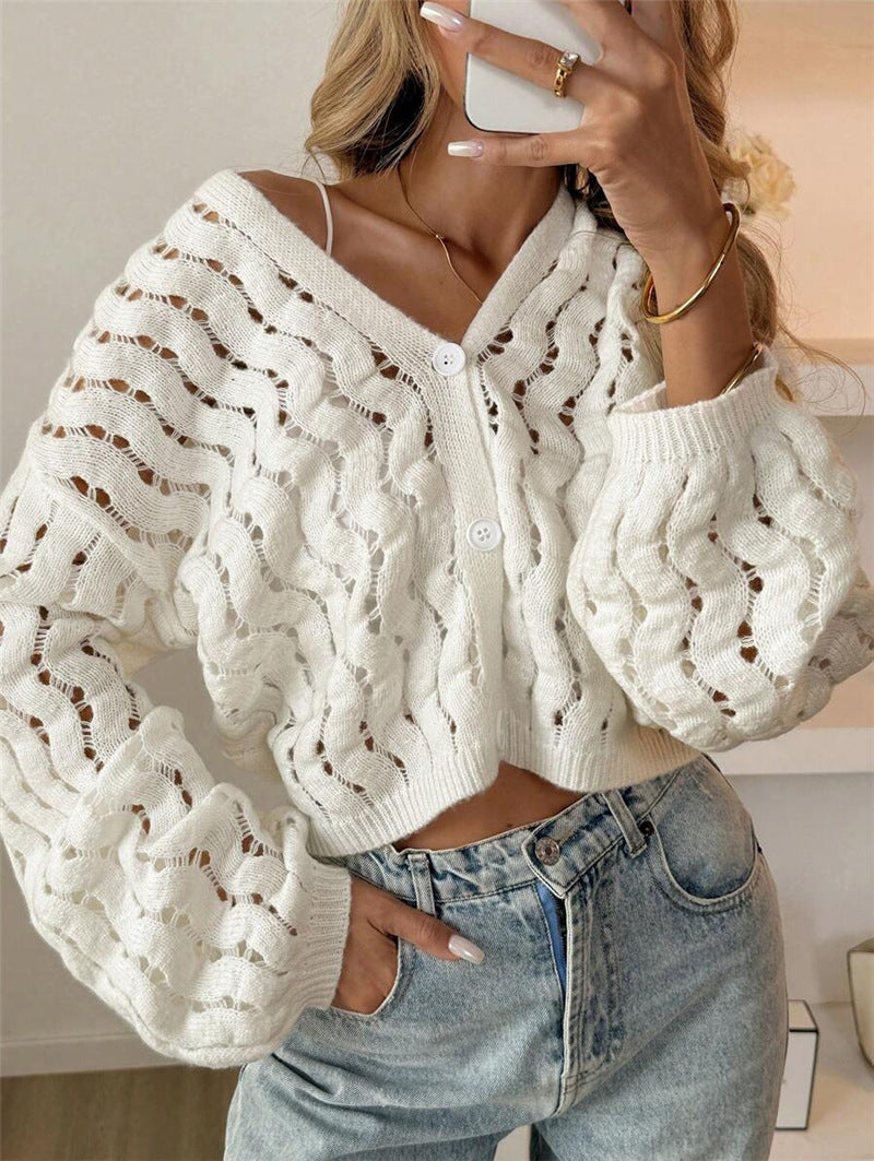 Pointelle Open Knit Balloon Sleeve Cardigan - White